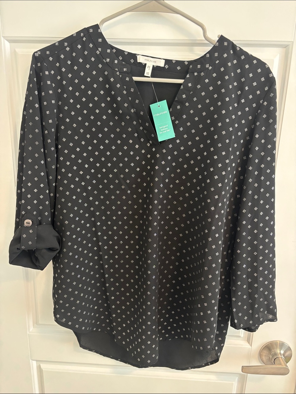 Maurices Black Geometric Print Roll-Tab Blouse